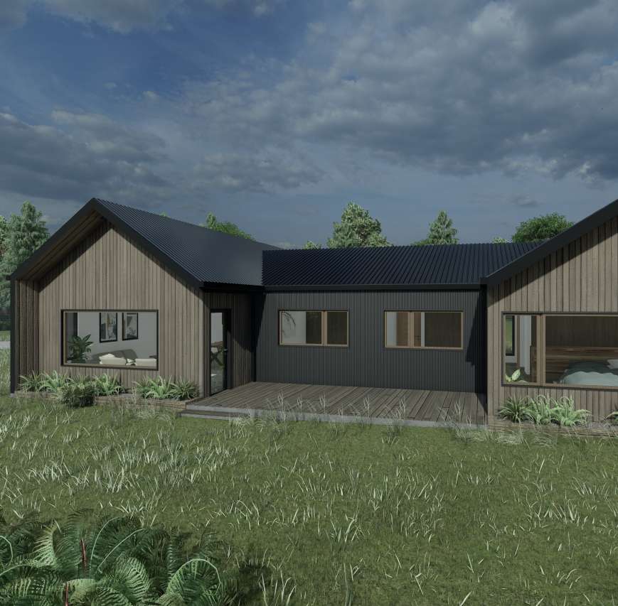 Render oficial de la fachada del modelo Cannes Gold con revestimiento de madera y zinc