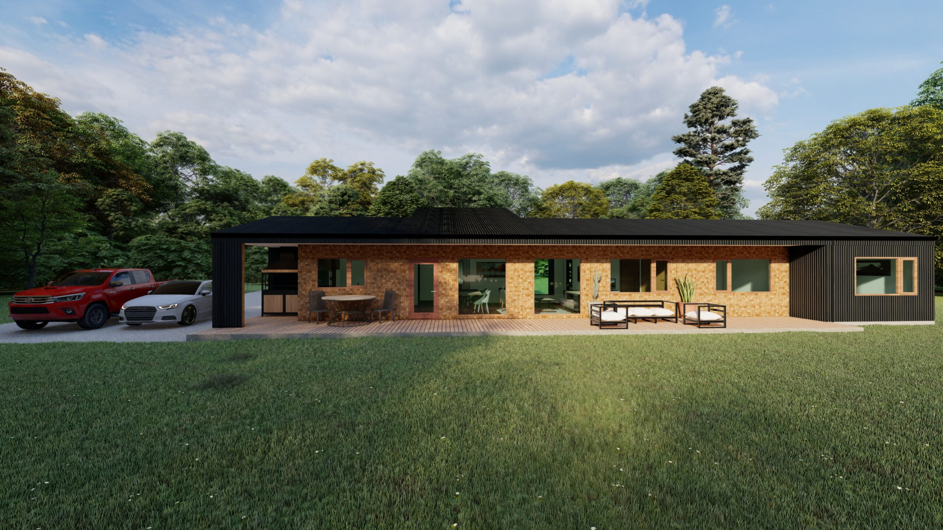 Fachada de casa moderna con gran terraza