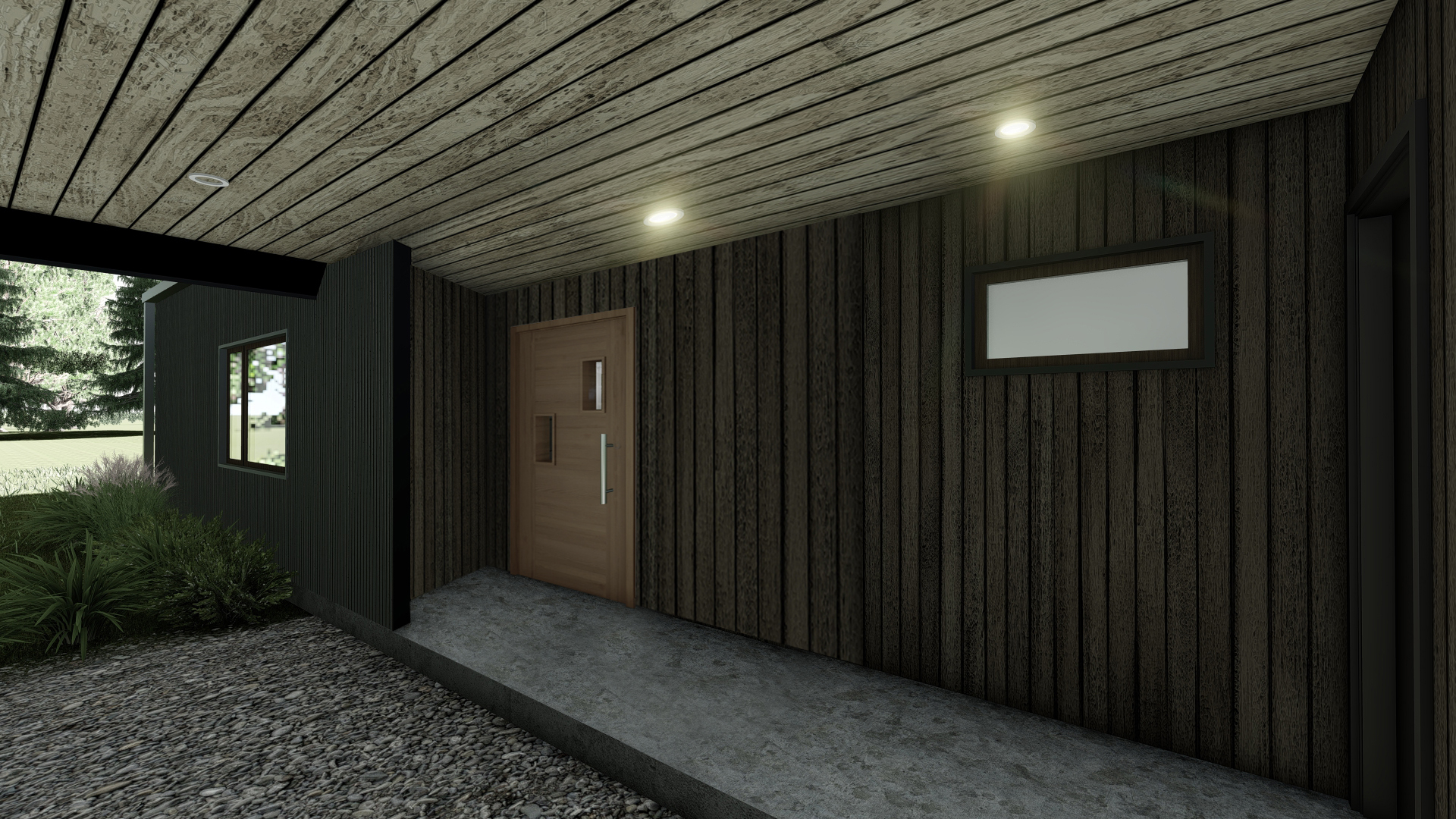 Interior con revestimiento de madera y luces LED