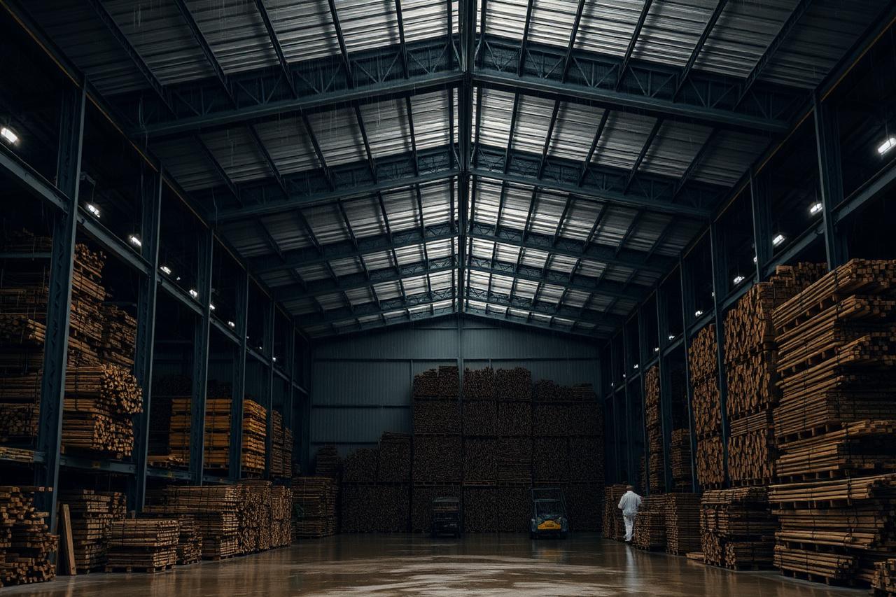 Bodega de acopio techada con acero y madera